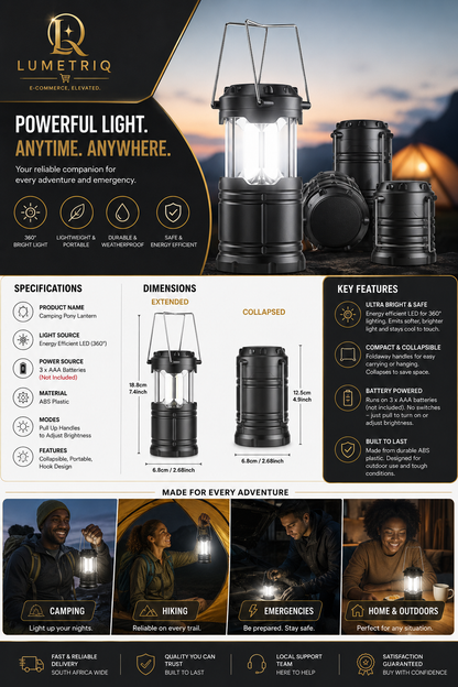 Lumetriq Collapsible Camping Lantern – 360° COB LED, Battery Powered