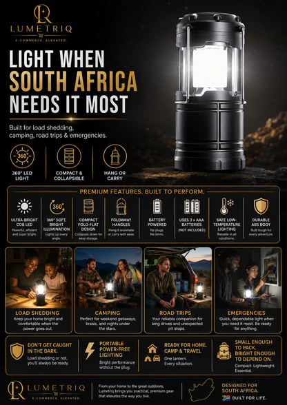 Lumetriq Collapsible Camping Lantern – 360° COB LED, Battery Powered