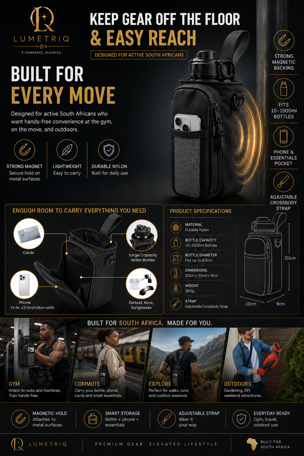 LUMETRIQ Magnetic Gym Bag – Hands-Free Crossbody with Bottle Holder & Phone Pocket