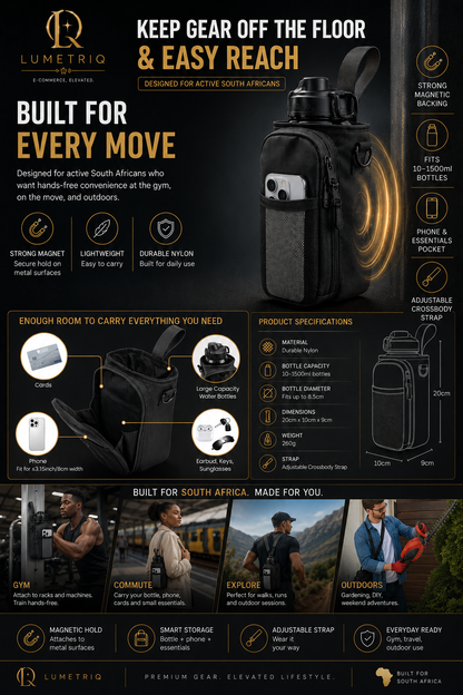 LUMETRIQ Magnetic Gym Bag – Hands-Free Crossbody with Bottle Holder & Phone Pocket