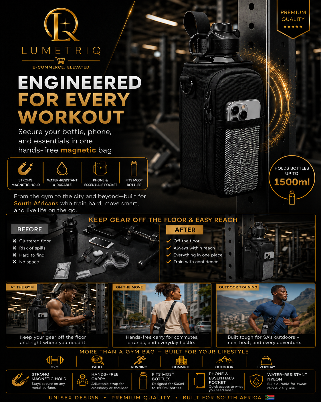 LUMETRIQ Magnetic Gym Bag – Hands-Free Crossbody with Bottle Holder & Phone Pocket
