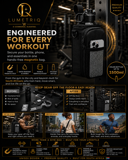 LUMETRIQ Magnetic Gym Bag – Hands-Free Crossbody with Bottle Holder & Phone Pocket
