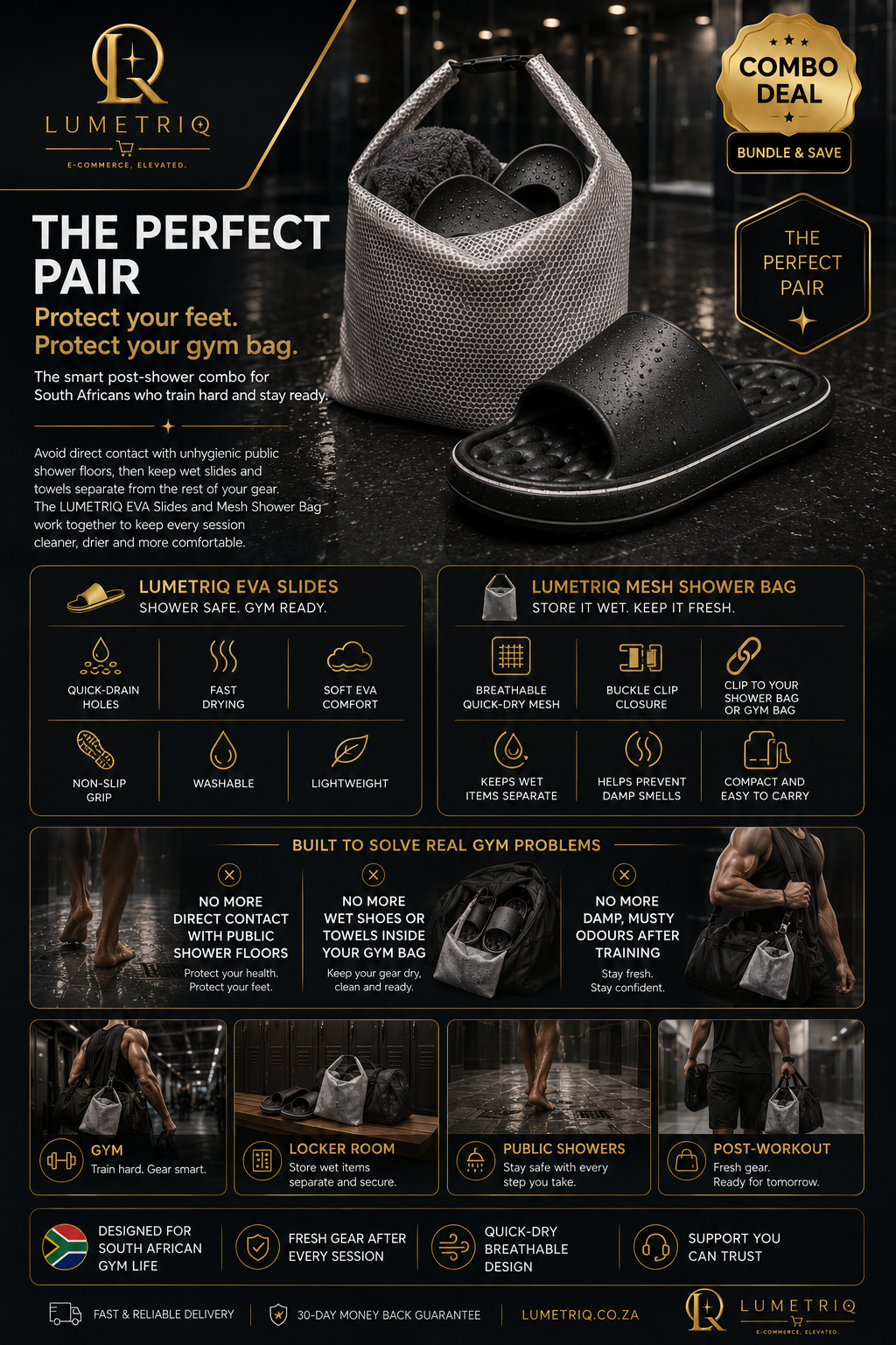LUMETRIQ EVA Shower Slides and LUMETRIQ shower bag Combo