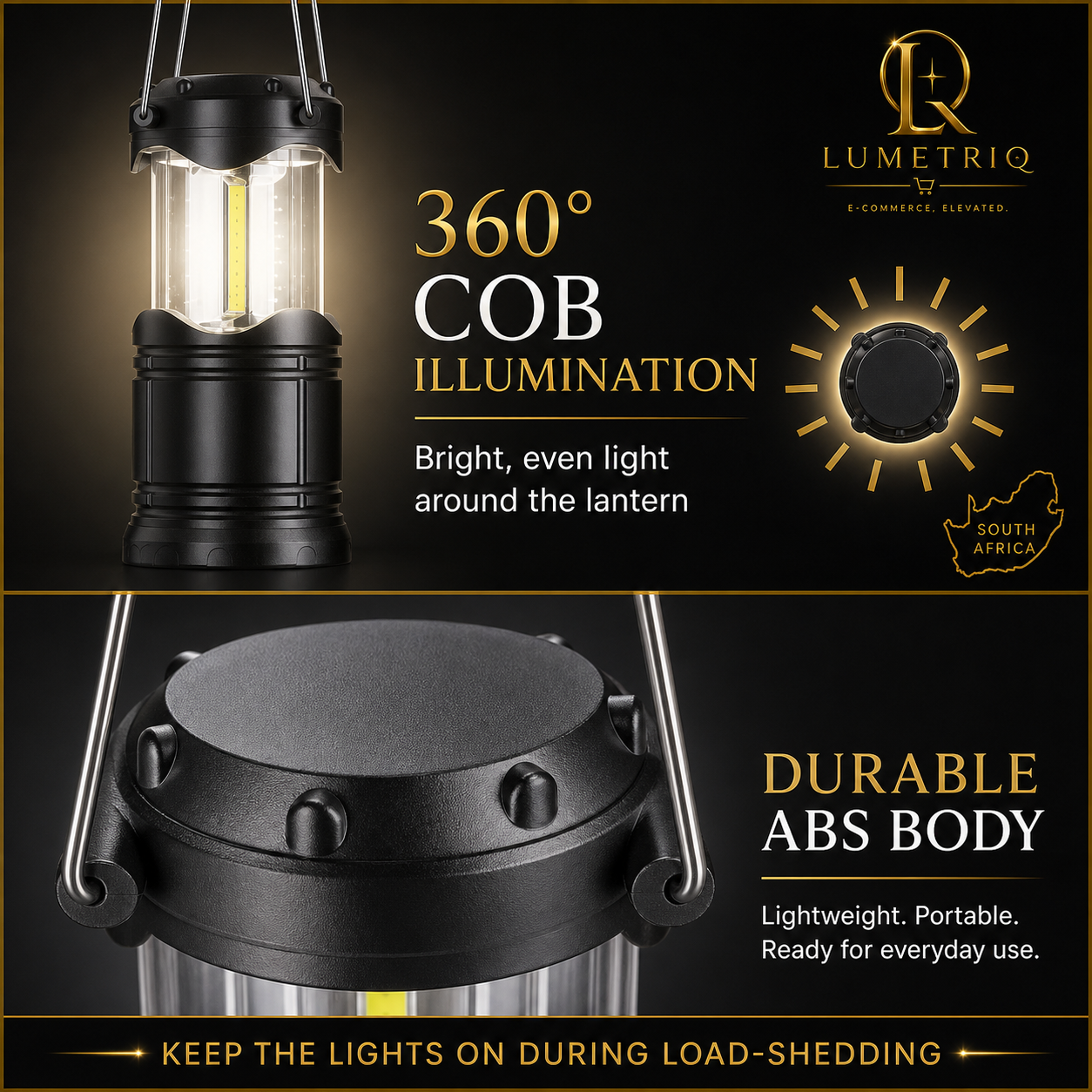 Lumetriq Collapsible Camping Lantern – 360° COB LED, Battery Powered