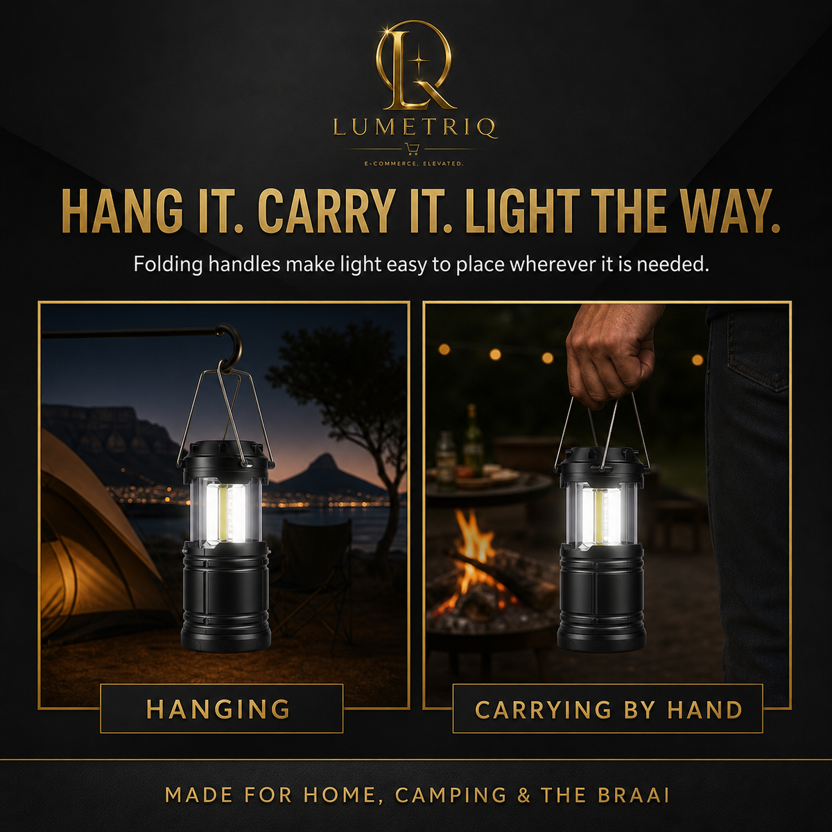 Lumetriq Collapsible Camping Lantern – 360° COB LED, Battery Powered