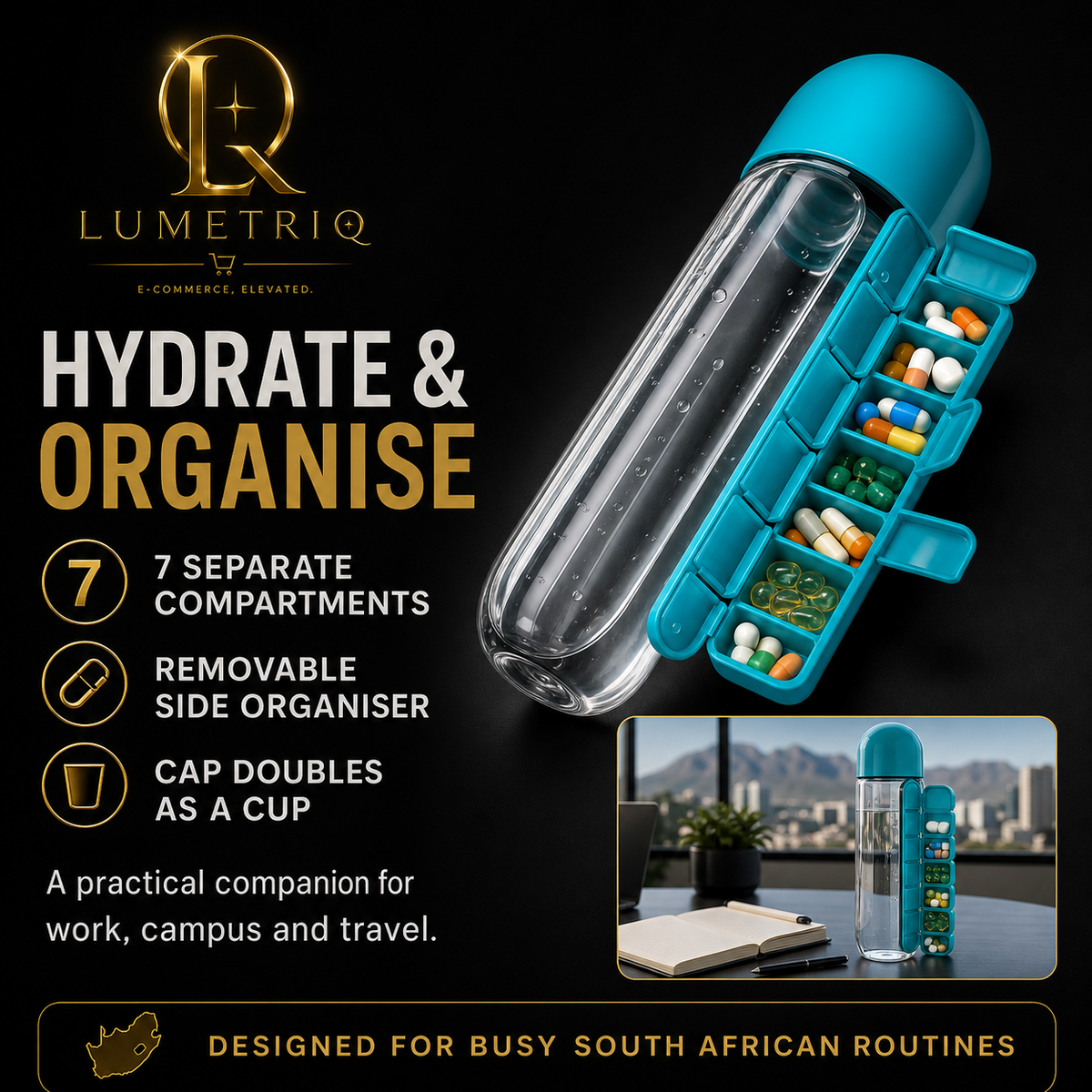 Lumetriq 2-in-1 Hydration Bottle with 7-Day Organiser
