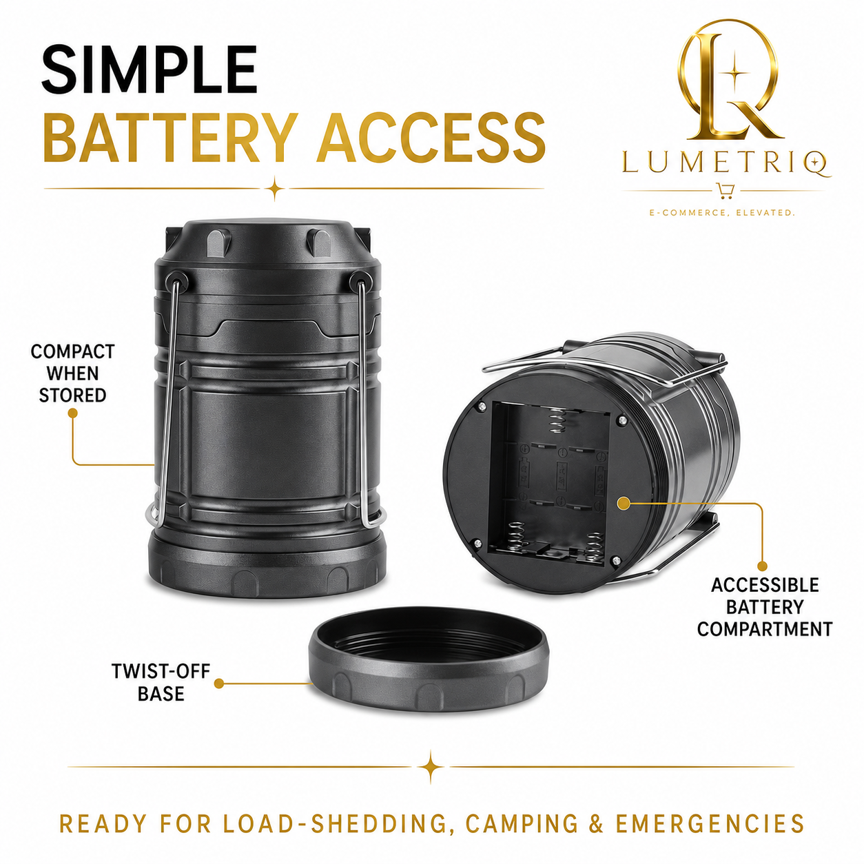 Lumetriq Collapsible Camping Lantern – 360° COB LED, Battery Powered